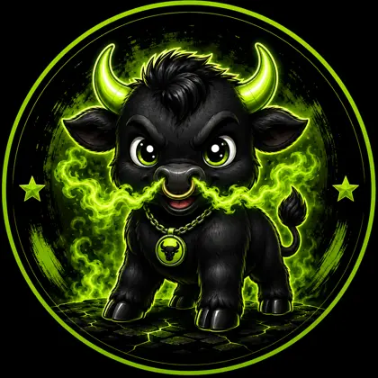 Baby Black Bull mascot: a black bull calf with luminous green horns and emerald smoke curling from its nose